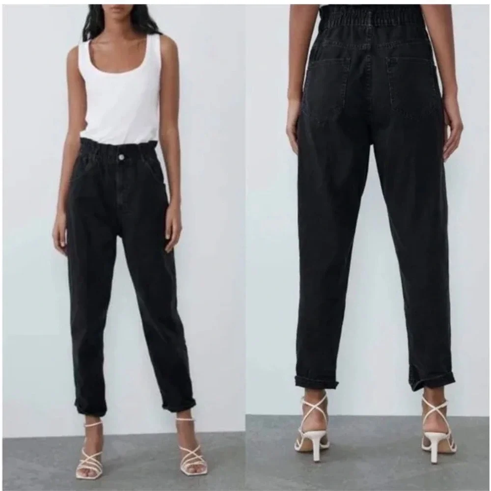 Zara Baggy Fit Paperbag Waist Carrot Leg Jeans Black Rigid Denim Womens 4 NEW - Picture 10 of 10